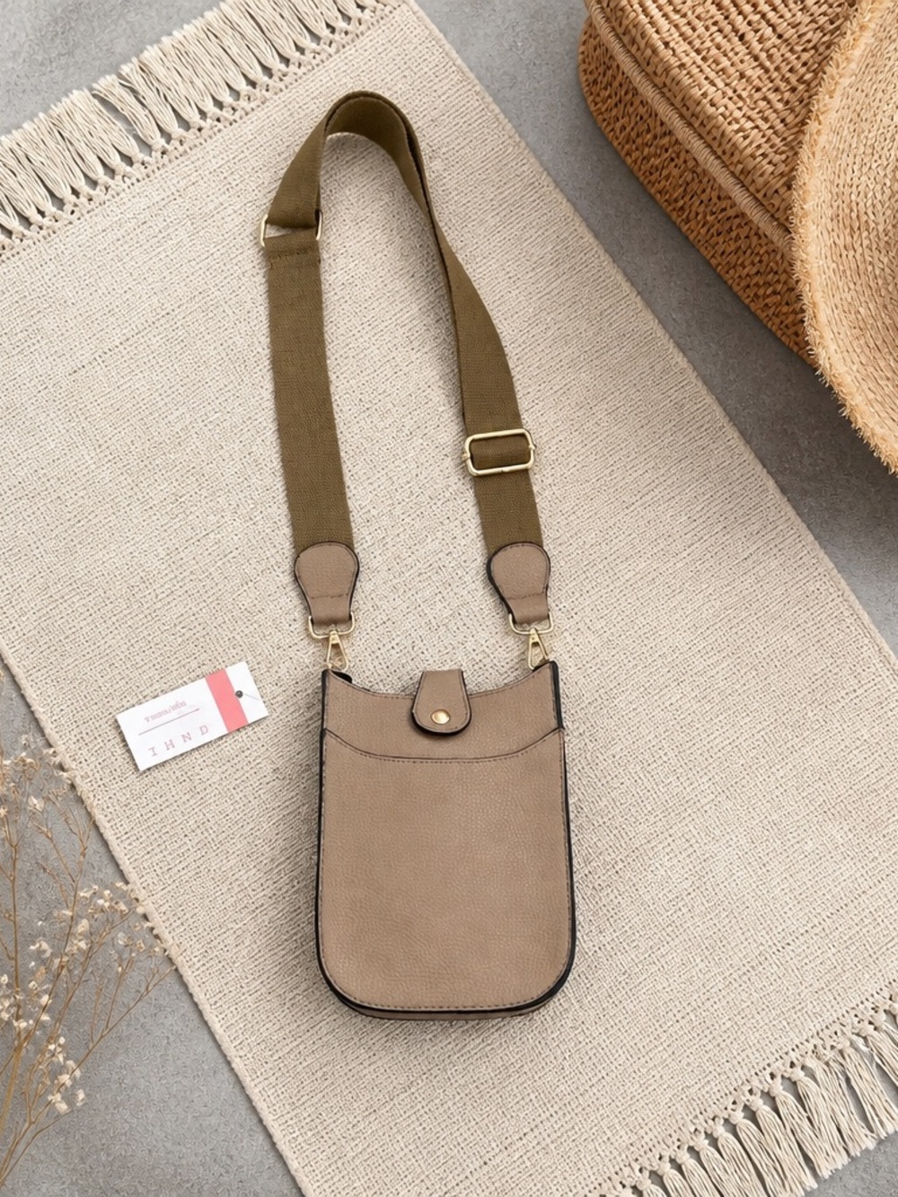 Neutral Taupe Crossbody Phone Bag with Adjustable Olive Strap